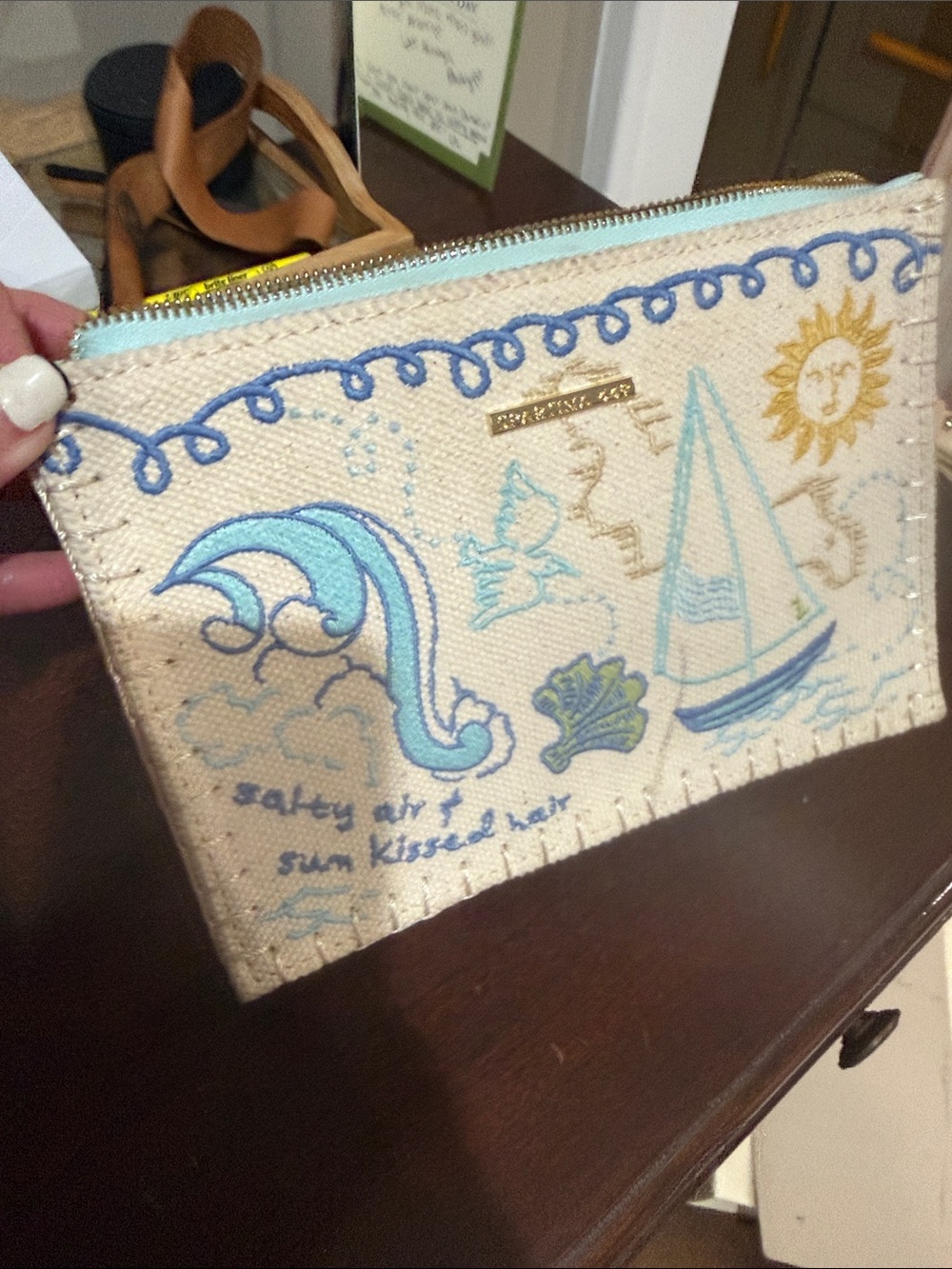 Spartina 449 Embroidered Seaside Canvas Pouch - Cream, Blue & Aqua